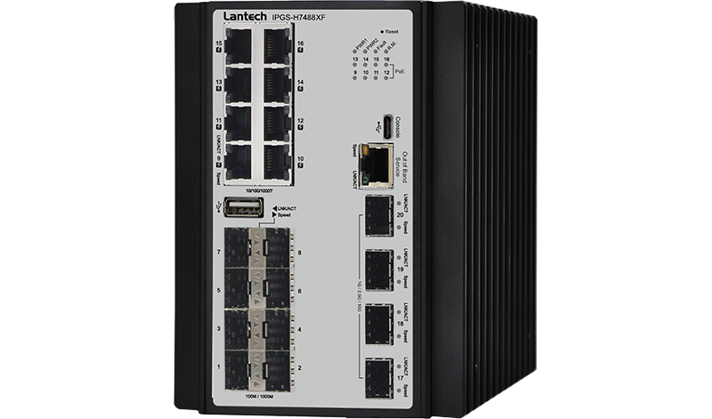 Lantech I(P)GS-H7488XF industrial managed switch with copper and SFP fiber interfaces